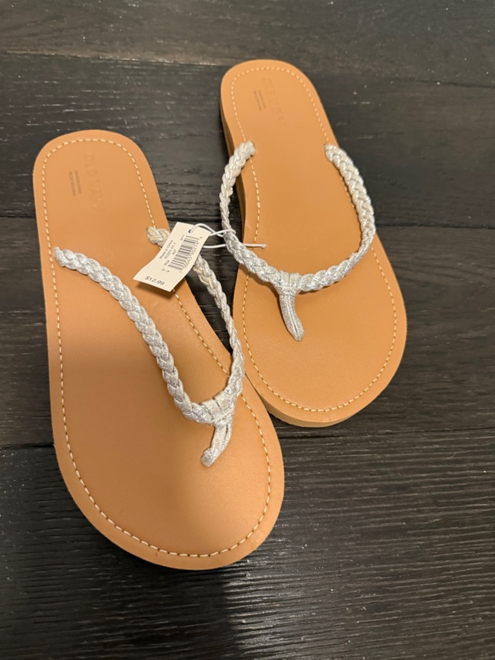 Old Navy Silver Braided Thong Sandals with Tan Footbed
